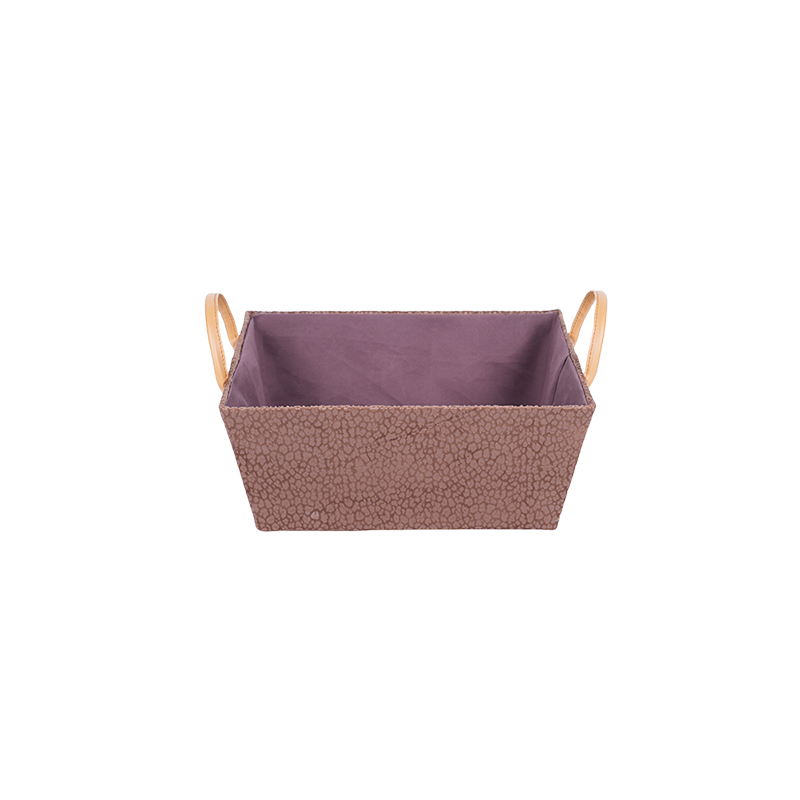 Leopard print fabric storage box with leather handle