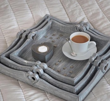 Wooden Heart Trays, Grey, 3pcs/set